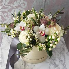 Ivory Orchid Hatbox Arrangement