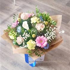 Pastel perfection -Gerbera and Rose handtied bouquet 