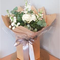 Elegance-white rose and Stock luxury handtied bouquet 