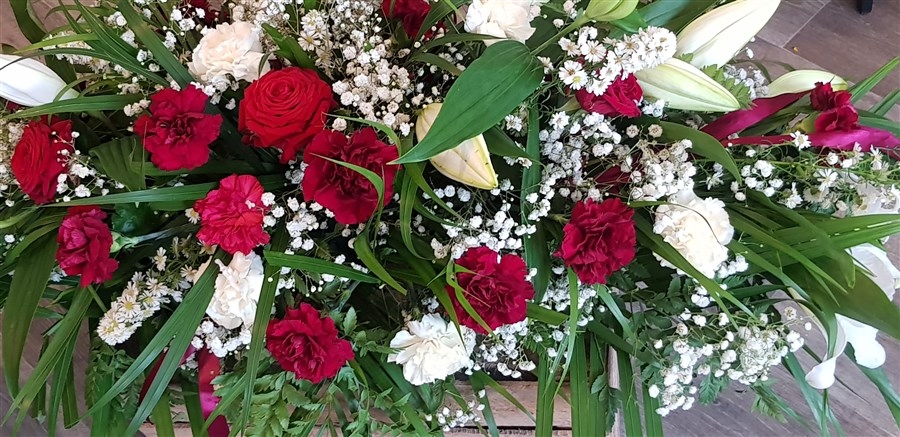 Burgandy and Ivory Casket Spray
