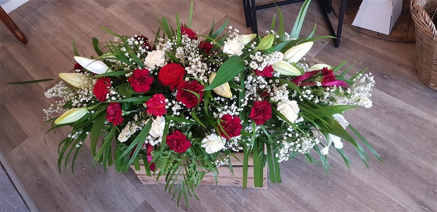Burgandy and Ivory Casket Spray