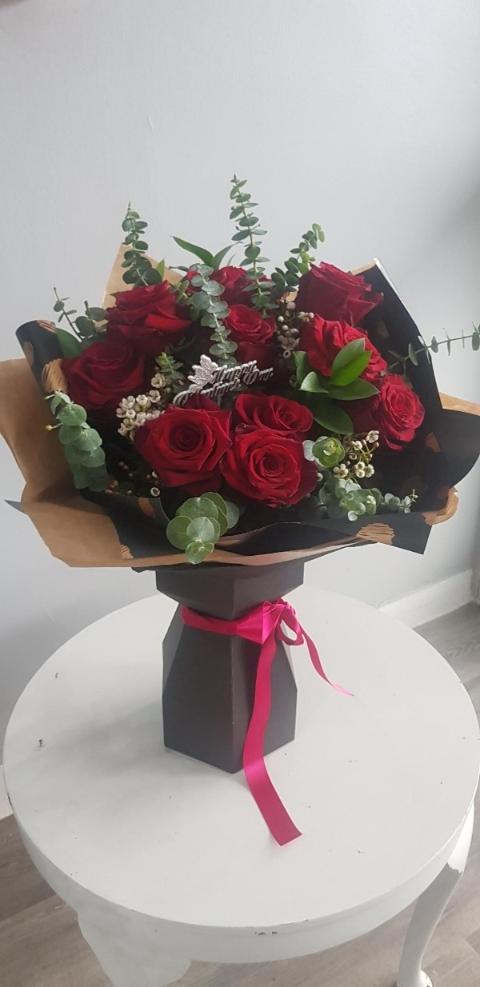 12 Red Rose & Eucalyptus